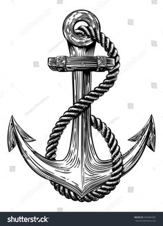 an anchor with rope on the end and a hook in the middle, vintage engraved engraving style