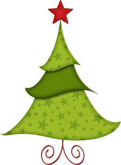 a green christmas tree with red star on top and swirls in the bottom corner