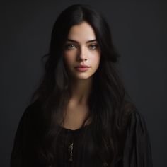 a woman with long dark hair is posing for the camera, wearing a black shirt