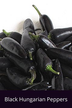 black hungarian peppers are piled on top of each other with the words black hungarian peppers above them