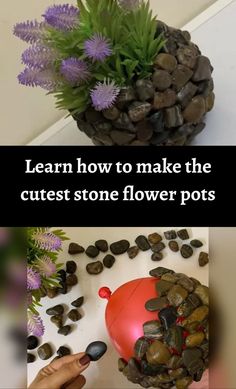 two pictures one with flowers and the other with stones on it, both showing how to make the cutest stone flower pots