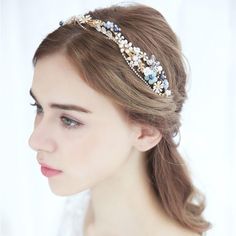 The Blue Floral Garden Crystal Headband Is An Irresistible Floral Hair Jewelry That Is Suitable For Almost Any Occasion Including Wedding, Bridal Showers, Baby Showers, Proms, And Birthdays. Length: 15.5 Inches Width: 1 Inch #Headband #Bridalhair #Bridalaccessories #Hairaccessories #Hairwreaths #Tiara Gold Hair Piece, Crystal Hair Vine, Diamond Hair, Bride Headband, Stylish Headbands, Bridal Headdress, Bride Headpiece, Floral Accessories Hair, Bridal Hair Jewelry