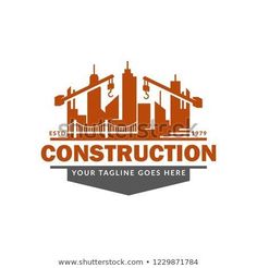 construction logo design with cityscape and crane on white background, suitable for any business or company