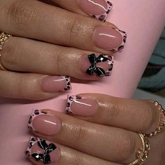 French Too Short Nails, Square Style Nails, Nail For Party, Easy Nails Square, Pink Bow Nails Square, Pink Leopard Print French Tip Nails, S Size Nails, Pink Leapord Print Nails, Square Leopard Print Nails