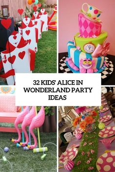 kids's alice in wonderland party with pink flamingos, green grass and decorations