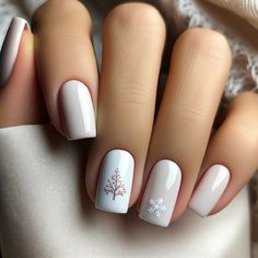 Discover the elegance of simplicity with these Short Square Christmas Nails. The design is beautifully understated, featuring pristine white as the base color on short, neatly trimmed square nails. The highlight is a single, small festive design on one nail – think a delicate snowflake, a tiny Christmas tree, or a miniature reindeer. This subtle yet charming detail adds a touch of holiday spirit to an otherwise clean and sophisticated look, perfect for those who prefer a more minimalistic approach to their festive style. Holiday Nails With Snowflake, Minimalist Christmas Nails Square, Christmas Minimalistic Nails, Christmas Design For Nails, Christmas White Nail Designs, Squared Christmas Nails, Christmas Subtle Nails, Cute Short Christmas Nails Ideas, Small Square Christmas Nails