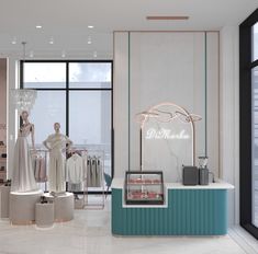 the interior of a clothing store with mannequins on display