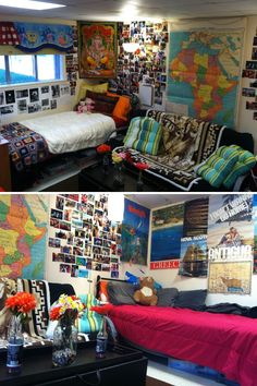 two pictures of a dorm room with beds and posters on the walls