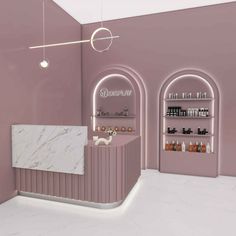 the interior of a store with pink walls and marble counter tops