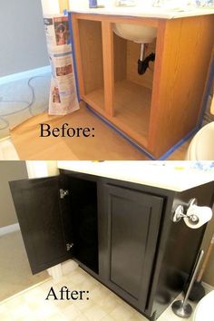 before and after pictures of a bathroom cabinet