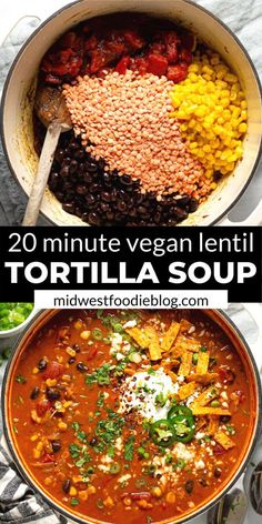 creamy vegan lentil tortilla soup in a pot