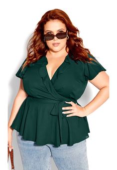 Plus Size Christmas Outfit, Wrap Over Top, Alexa Webb, Plus Size Christmas, Fashion Promotion, Holiday Dinner Party, Frill Blouse, Frill Tops, Chic Top