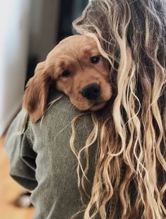 a woman holding a dog with long blonde hair