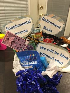 a basket filled with candy sitting on top of a table