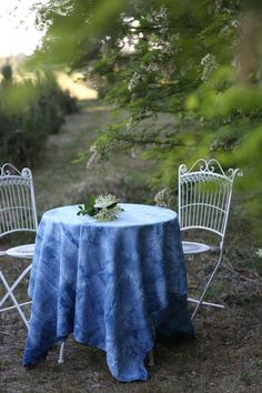 two chairs and a table with a blue cloth on it in the grass near some trees