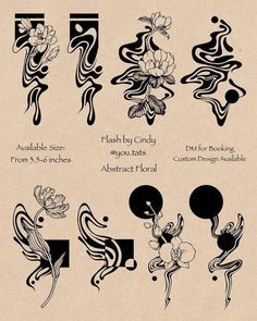 some type of art nouveau tattoo design with flowers and swirls on the sides, in black