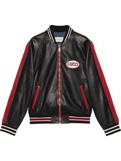 NE 1096 GUCCI CAZADORA Gucci Pool, Designer Leather Jackets, Leather Outerwear, Gucci Leather, Gucci Black, Leather Jacket Men, Gucci Men, Outerwear Jackets, Varsity Jacket