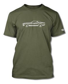 a green t - shirt with an old car drawn on it