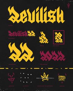 several different types of graffiti type on a black background with yellow and red lettering that says sevillish