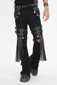 Black High Waisted Ripped Detachable Tassels Men's Punk Pants – LolitaInside Black Punk Bottoms With Belt, Punk Black Bottoms With Belt, Fitted Punk Bottoms With Belt, Rocker Style Pants With Belt Loops For Concerts, Rocker Pants With Belt Loops For Concerts, Punk Bottoms With Belt For Alternative Fashion, Gothic Black Bottoms With Belt, Edgy Pants With Belt Loops For Festival, Edgy Fitted Fringe Bottoms