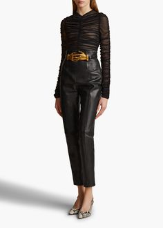 A Spring/Summer 2024 runway standout that cinches the waist with clasped golden hands on a band of supple calfskin. Press-stud closure. Black Leather Outfit, Golden Hands, Corset Pants, 2024 Runway, Leather Outerwear, Wardrobe Edit, Denim Shoes, Pants Design, Leather Outfit