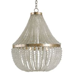 a chandelier hanging from the ceiling with beaded glass beads and brass accents