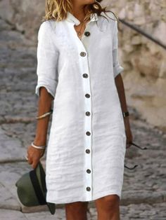 JFN Cotton & Linen Plain Casual Dress Casual Half Sleeve Dress With Button Closure, Casual Dresses With Button Closure And Half Sleeves, Elegant Summer Dresses, Cotton Linen Dresses, Cotton Shirt Dress, Cotton Blends Dress, Half Sleeve Dresses, Shirt Dress Casual, Dress Shirts For Women