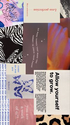 a collage of different types of paper with words and pictures on them, including zebra print