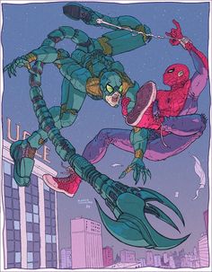 an image of spider - man and green lantern flying through the air with city buildings in the background