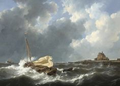 a painting of a boat in rough seas with lighthouse in the distance and cloudy sky