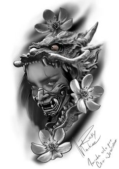 a drawing of a woman with flowers on her head and the face of a demon