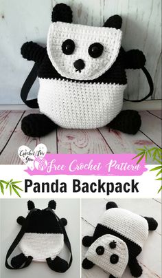 the panda backpack is crocheted in black and white