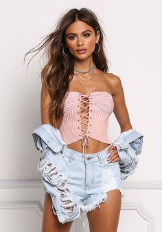 Salmon Ribbed Knit Lace Up Crop Top - Tops - Clothes Daily Fashion Outfits, Lace Up Crop Top, Look Con Short, Makeup Outfit, Best Casual Outfits, Knit Lace, Outfits Winter