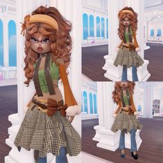 an animated image of a woman with long red hair and glasses, wearing a skirt