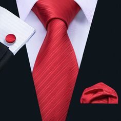 Red Lines Tie, Pocket Square and Cufflinks - SOPHGENT Necktie Set, Gold Tie, Gold Cufflinks, Cufflink Set, Red Tie, Wedding Business, Stripe Silk, Tie Set, Silk Necktie