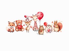 a group of animals with balloons and hearts