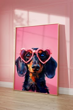 a painting of a dog with heart shaped glasses on it's face in front of a pink wall