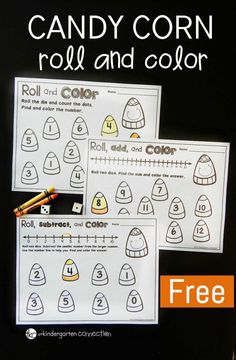 the printable candy corn roll and color worksheet for kids to practice counting