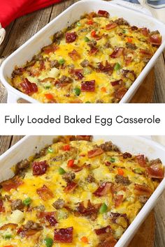 two pictures of an egg casserole with meat and vegetables in it on a wooden table