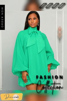 Solid Bow Tie Puff Sleeves Loose Chiffon Dress Billowy Long Sleeve Chiffon Dress, Flowy Lantern Sleeve Dress For Party, Green Long Sleeve Casual Chiffon Dress, Green Long Sleeve Chiffon Dress Casual, Casual Green Long Sleeve Chiffon Dress, Chiffon Lantern Sleeve Evening Dress, Billowy Chiffon Party Dress, Chiffon Evening Dress With Lantern Sleeves, Chic Solid Chiffon Dress For Spring