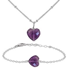 Amethyst Crystal Heart Jewellery Set - Amethyst Crystal Heart Jewellery Set - Stainless Steel / Satellite / Necklace & Bracelet - Luna Tide Handmade Crystal Jewellery Heart Jewelry Set, Peace And Balance, Heart Jewellery, Amethyst Crystals, Crystal Jewellery, Elegant Sets, Jewellery Set, Matching Necklaces, Crystal Heart