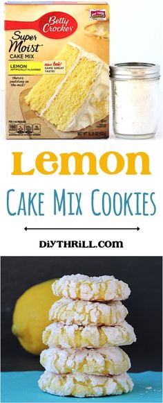 lemon cake mix cookies are stacked on top of each other with the words, i save