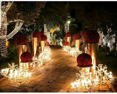 an outdoor walkway decorated with red flowers and lighted potted plants on either side of it