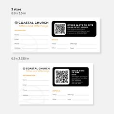 two black and white business cards with qr code on the front, one for coastal church