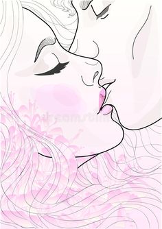 a woman's face with long hair and pink flowers on the background royalty illustration