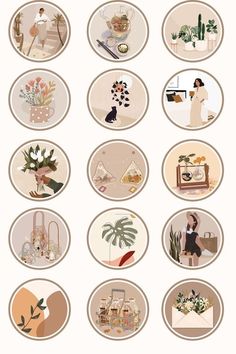 an image of many different types of flowers and plants in circles on a white background