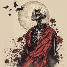 a skeleton in a red cloak with flowers and birds flying around