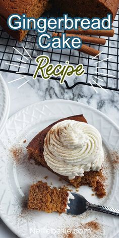 a slice of gingerbread cake on a white plate