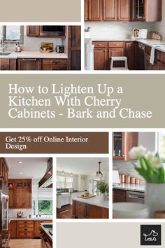 a kitchen with cherry cabinets and white countertops is featured in the article, how to lighten up a kitchen with cherry cabinets - bark and chase