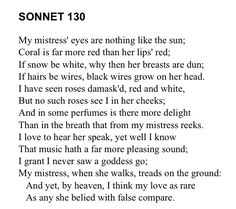 some type of poem written in black and white with the words sonnet 130 on it